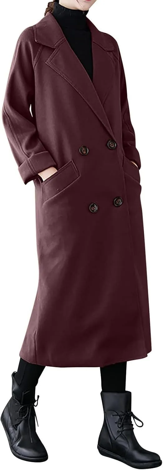 Womens Long Trench Coats Winter Wool Blend Coats Double Breasted Lapel Wool Blend Coats Overcoat Outerwear with Belt