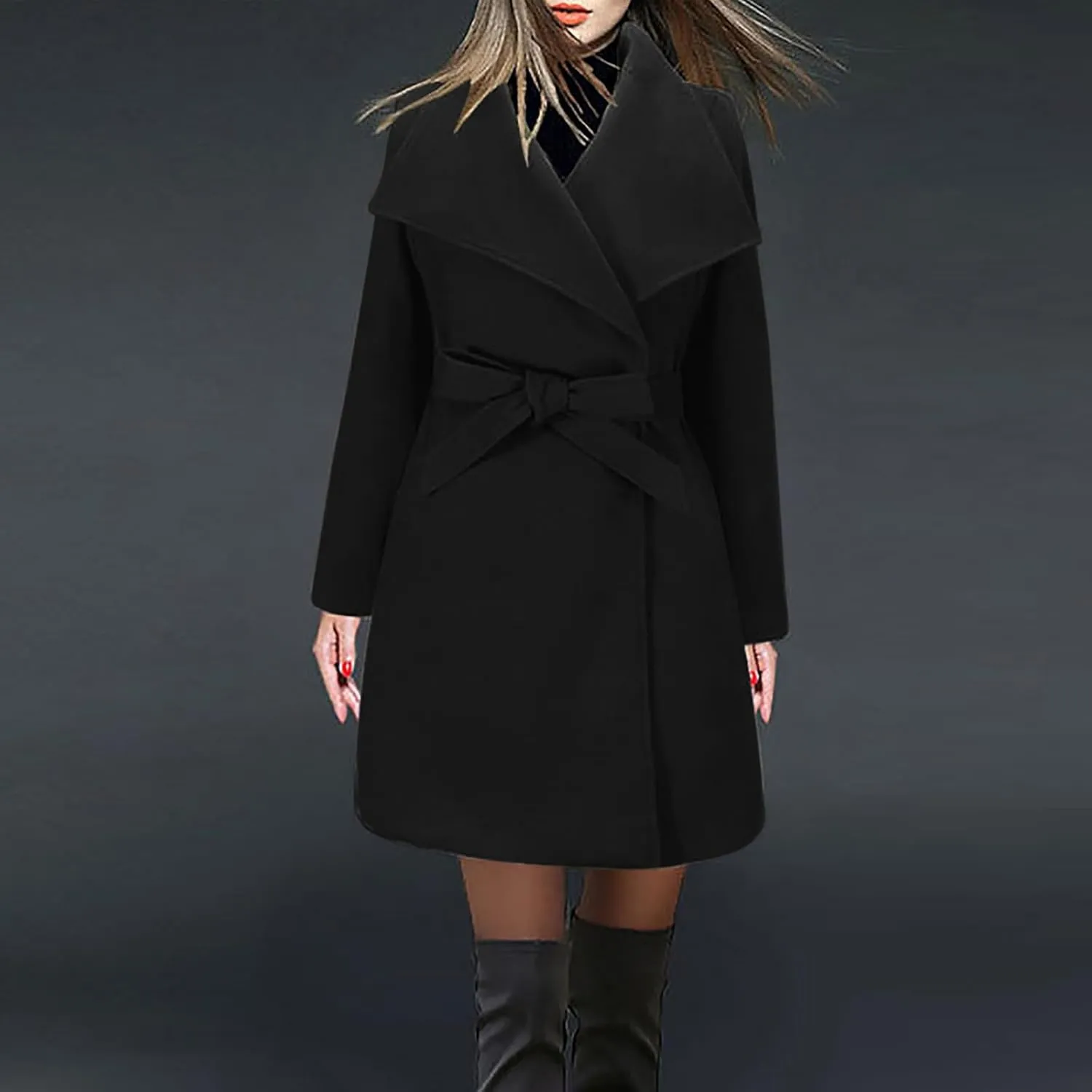 Womens Long Trench Coats Winter Wool Blend Coats Double Breasted Lapel Wool Blend Coats Overcoat Outerwear with Belt