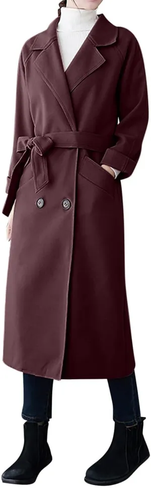 Womens Long Trench Coats Winter Wool Blend Coats Double Breasted Lapel Wool Blend Coats Overcoat Outerwear with Belt