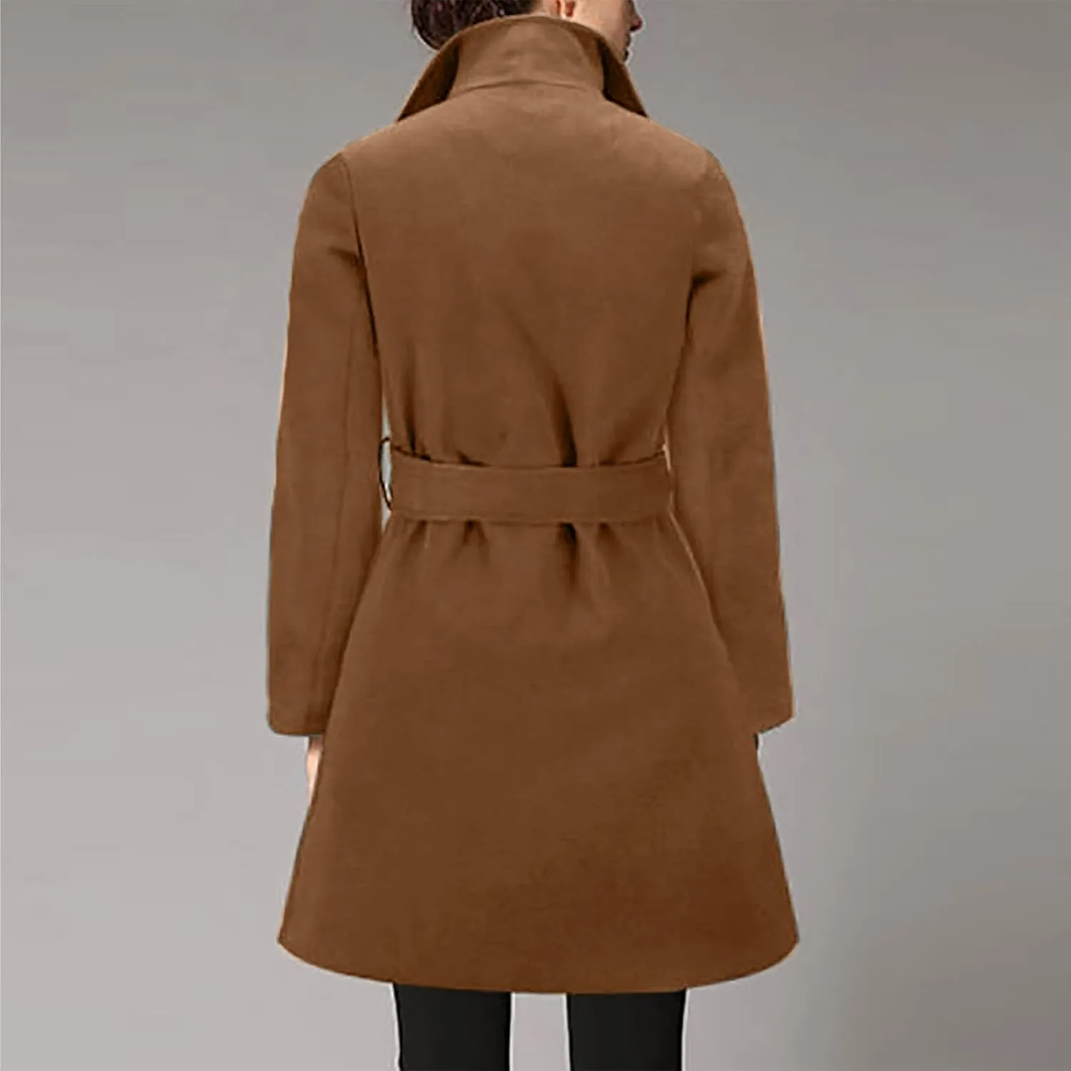Womens Long Trench Coats Winter Wool Blend Coats Double Breasted Lapel Wool Blend Coats Overcoat Outerwear with Belt