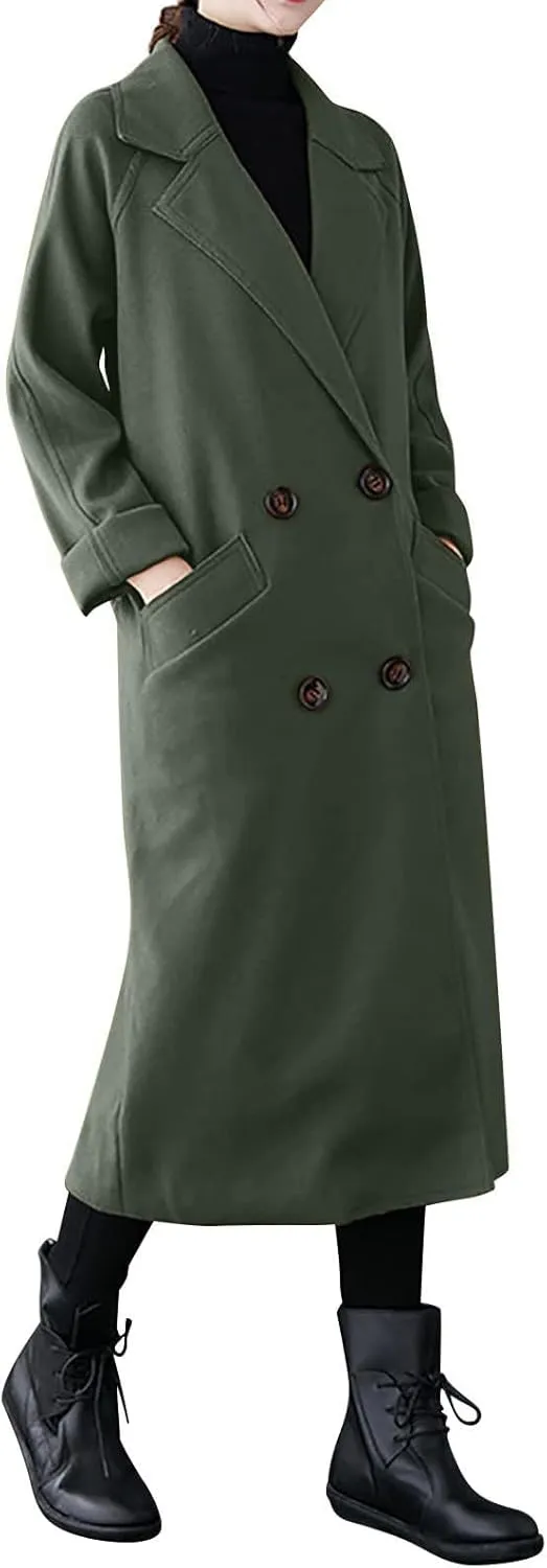 Womens Long Trench Coats Winter Wool Blend Coats Double Breasted Lapel Wool Blend Coats Overcoat Outerwear with Belt