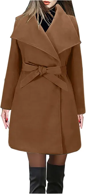 Womens Long Trench Coats Winter Wool Blend Coats Double Breasted Lapel Wool Blend Coats Overcoat Outerwear with Belt