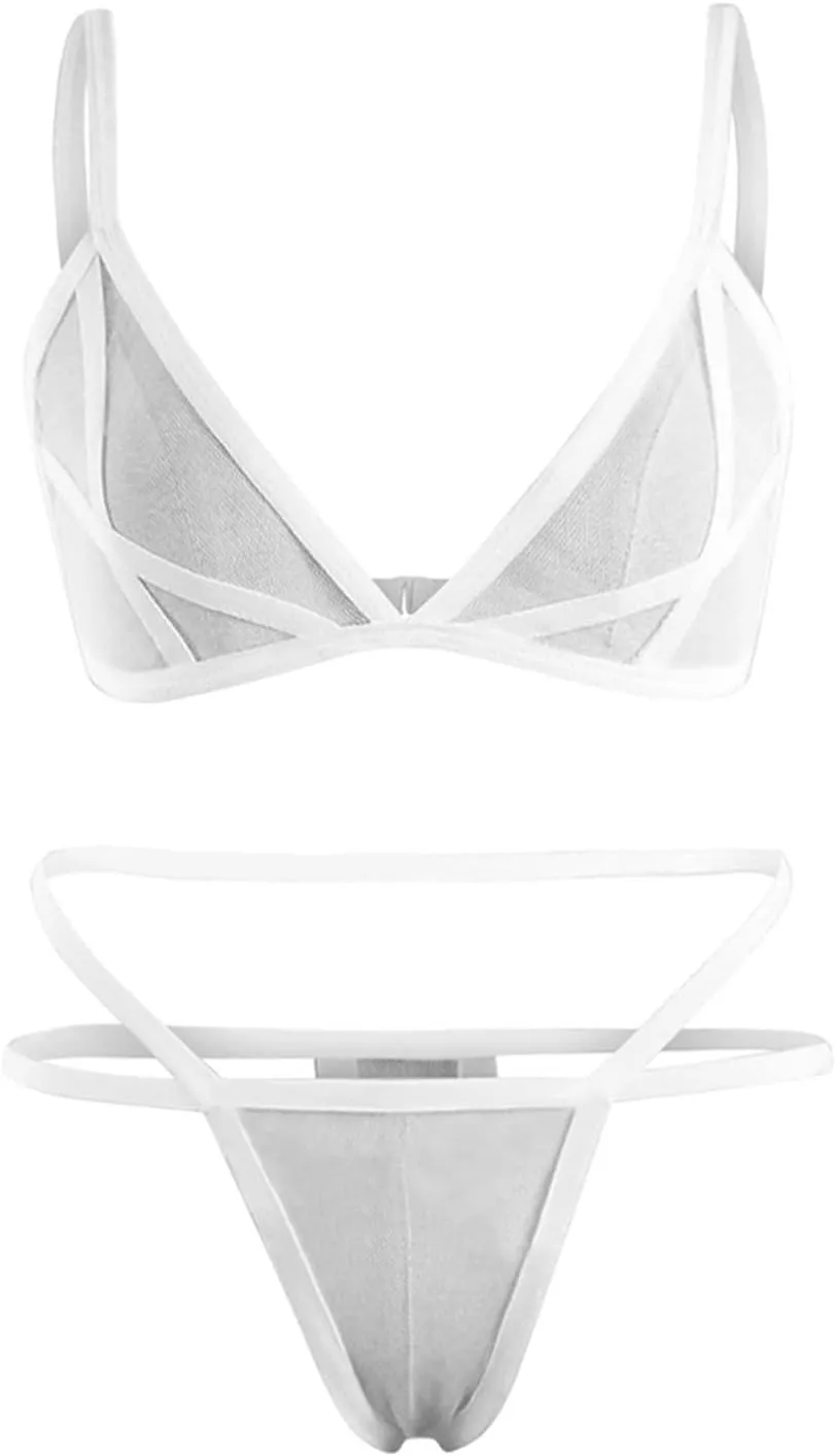 Women's Mesh Solid Sheer See Through Spaghetti Strap Lingerie Set Sexy Lace Bra and Panty 2 Piece Outfits