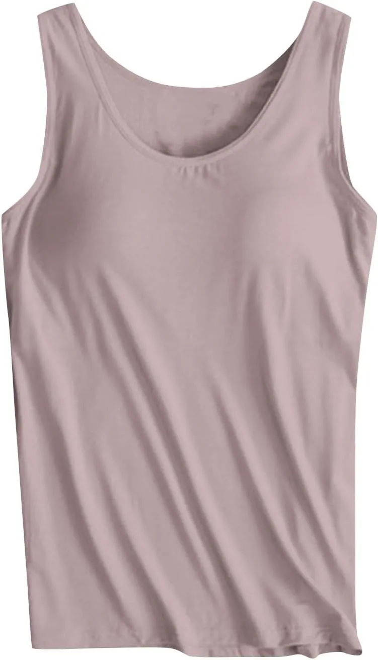 Womens Modal Built-in Bra Padded Camisole Yoga Tanks Tops Scoop Neck Sleeveless Gym Workout Shirts Basic Undershirts