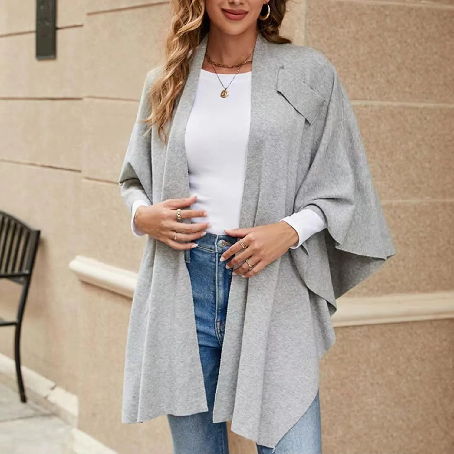 Womens Open Front Poncho Sweater Wrap Topper Knitted Elegant Shawls Cape for Fall Winter Solid Elegant Cardigan Cape