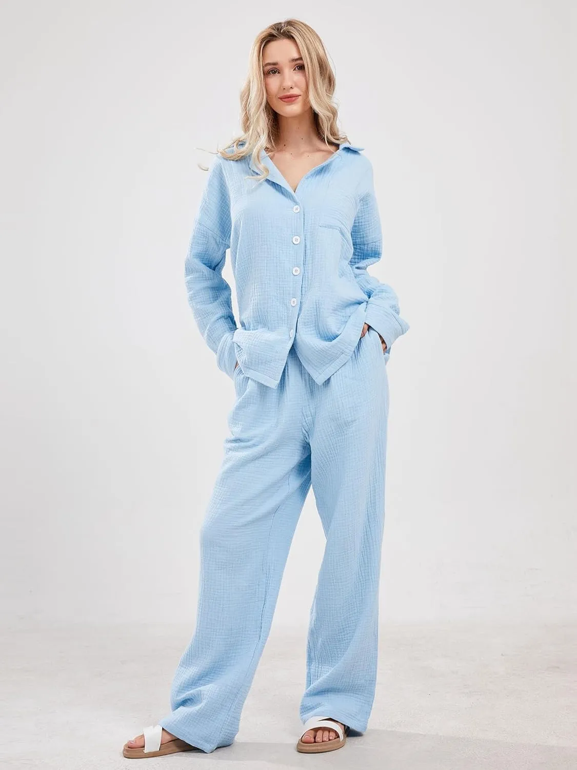 Womens Pajama Sets Cotton Pj Set Cute Heart Print Long Sleeve Button Down Shirt With Long Pants