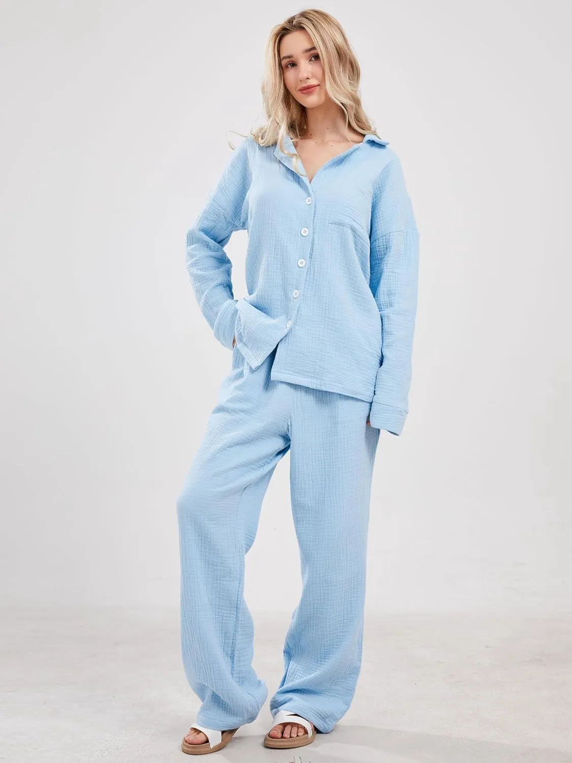 Womens Pajama Sets Cotton Pj Set Cute Heart Print Long Sleeve Button Down Shirt With Long Pants