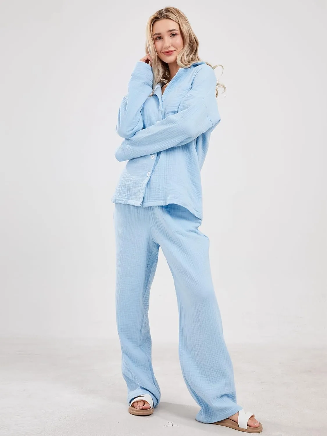 Womens Pajama Sets Cotton Pj Set Cute Heart Print Long Sleeve Button Down Shirt With Long Pants