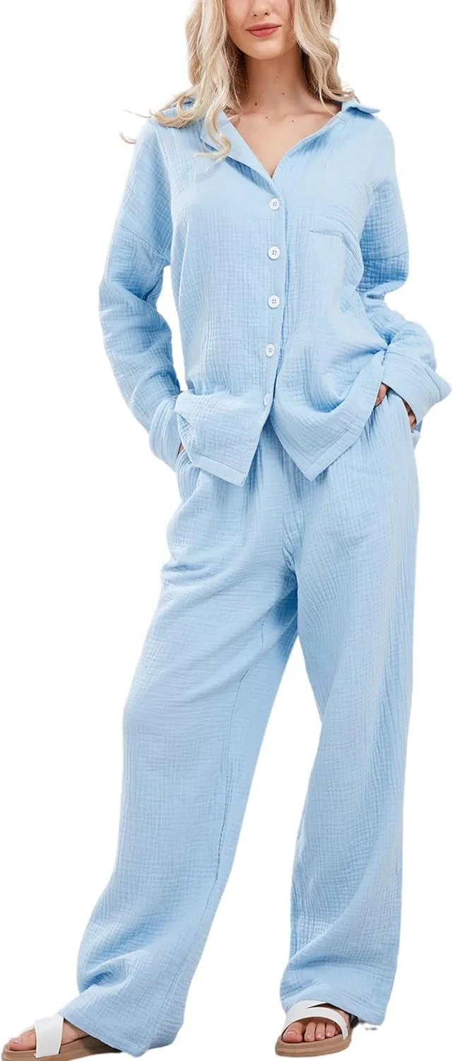 Womens Pajama Sets Cotton Pj Set Cute Heart Print Long Sleeve Button Down Shirt With Long Pants