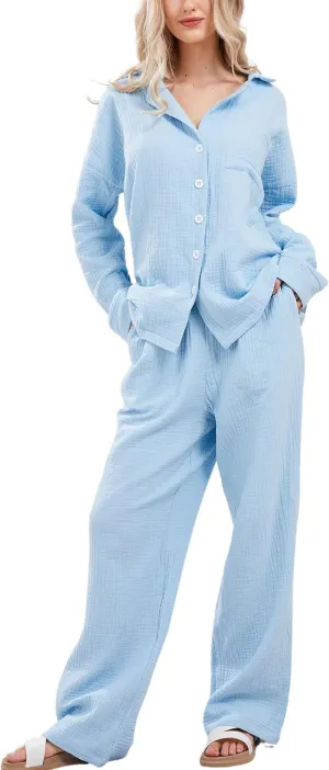 Womens Pajama Sets Cotton Pj Set Cute Heart Print Long Sleeve Button Down Shirt With Long Pants