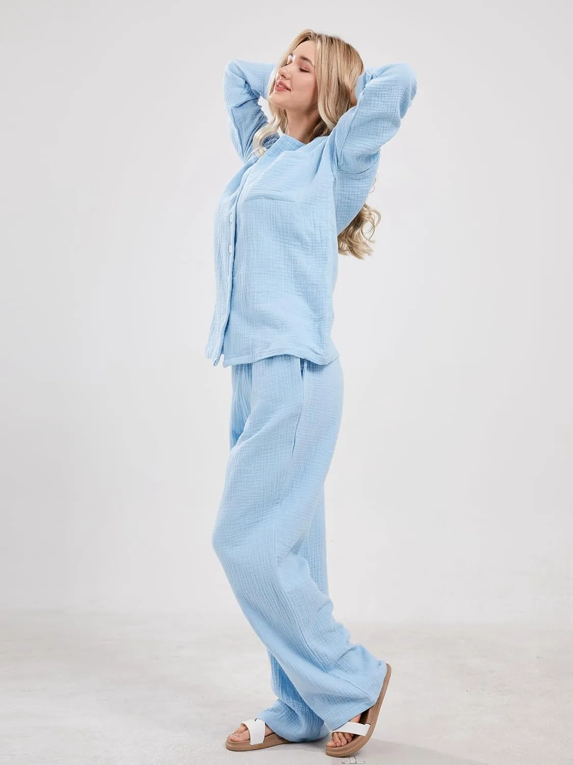 Womens Pajama Sets Cotton Pj Set Cute Heart Print Long Sleeve Button Down Shirt With Long Pants