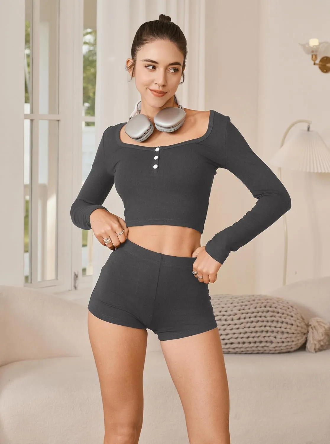 Womens Pajama Sets Long Sleeve Ribbed Knit Top and Shorts 2 Piece Lounge Set Sexy PJ Sets Sleepwear