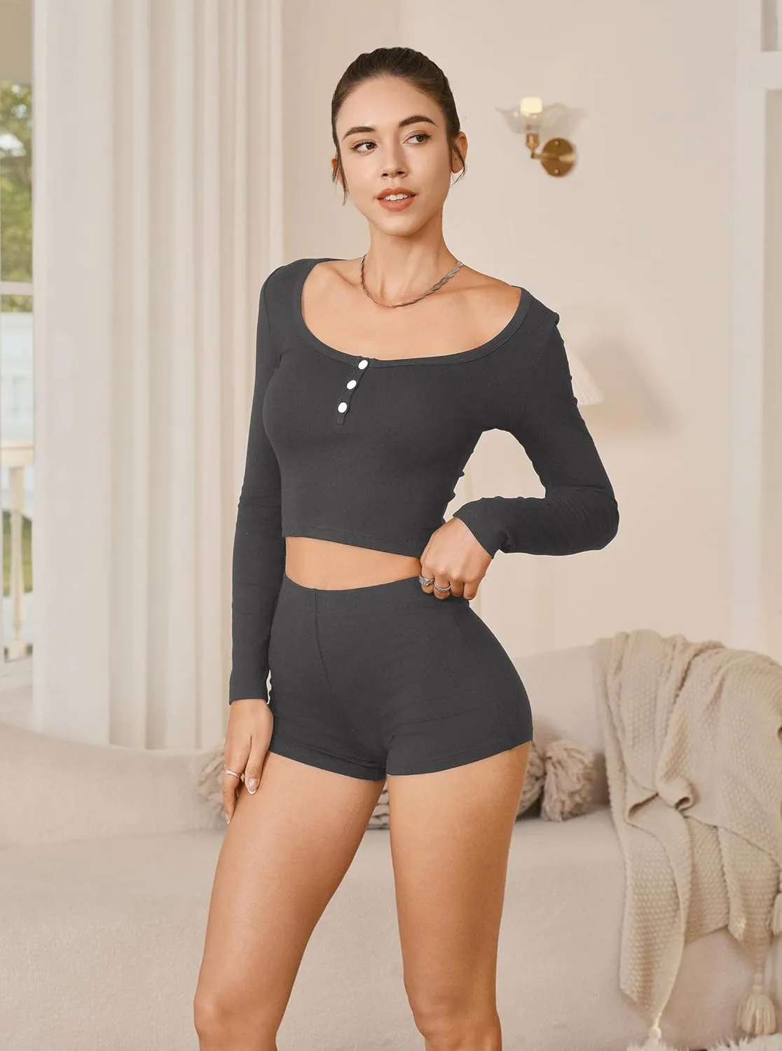 Womens Pajama Sets Long Sleeve Ribbed Knit Top and Shorts 2 Piece Lounge Set Sexy PJ Sets Sleepwear