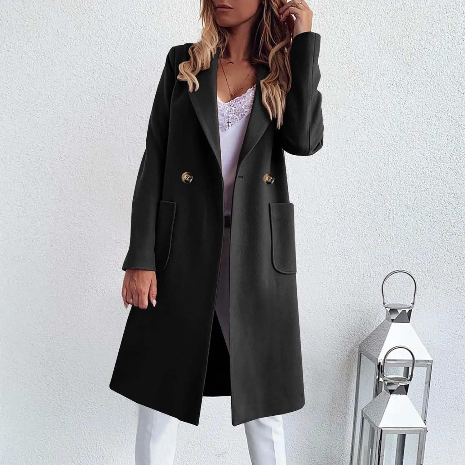 Womens Pea Coats Plus Size Notch Lapel Cardigan Coats Casual Mid Length Overcoat Long Winter Coats with Pockets
