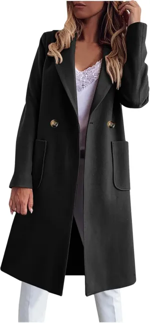 Womens Pea Coats Plus Size Notch Lapel Cardigan Coats Casual Mid Length Overcoat Long Winter Coats with Pockets