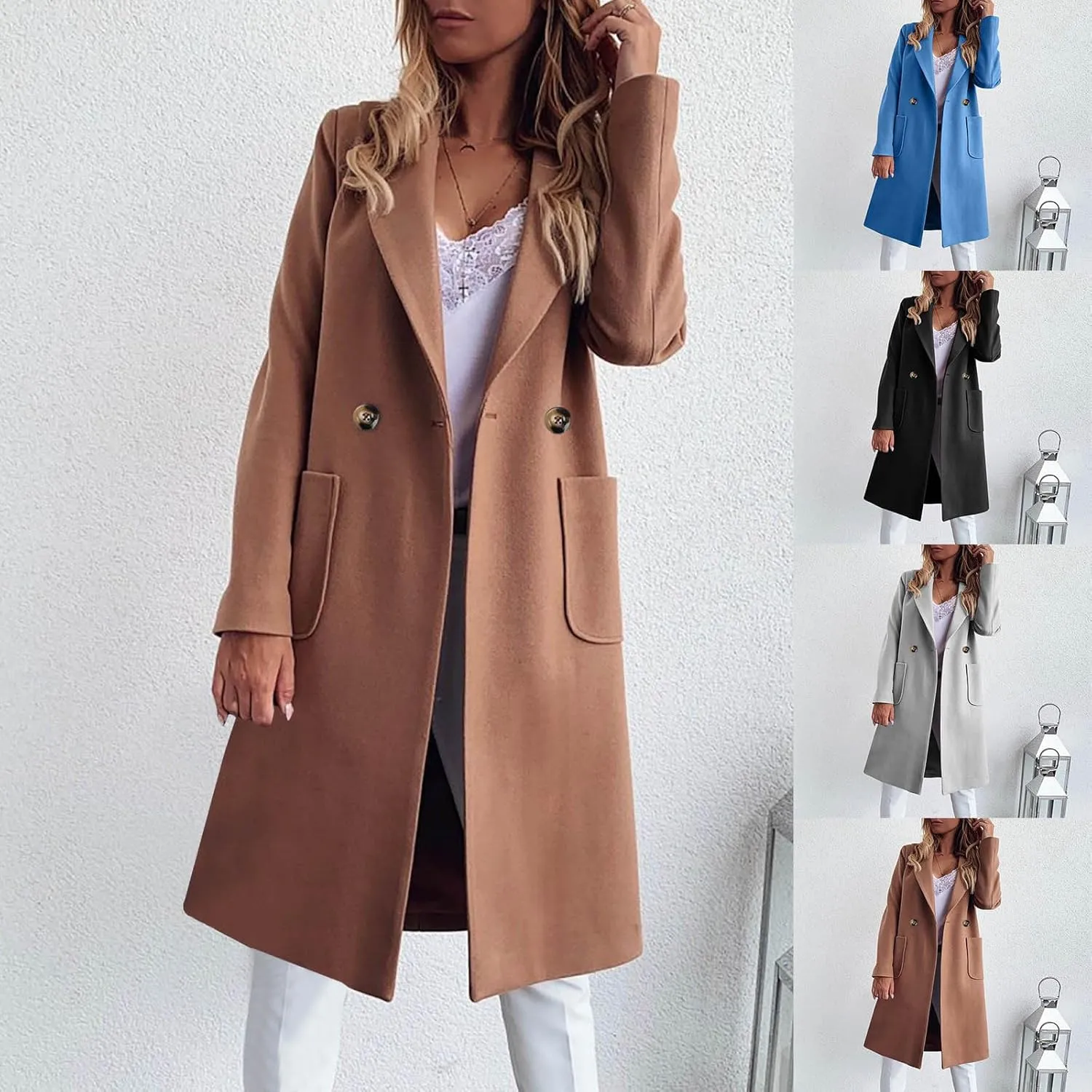 Womens Pea Coats Plus Size Notch Lapel Cardigan Coats Casual Mid Length Overcoat Long Winter Coats with Pockets