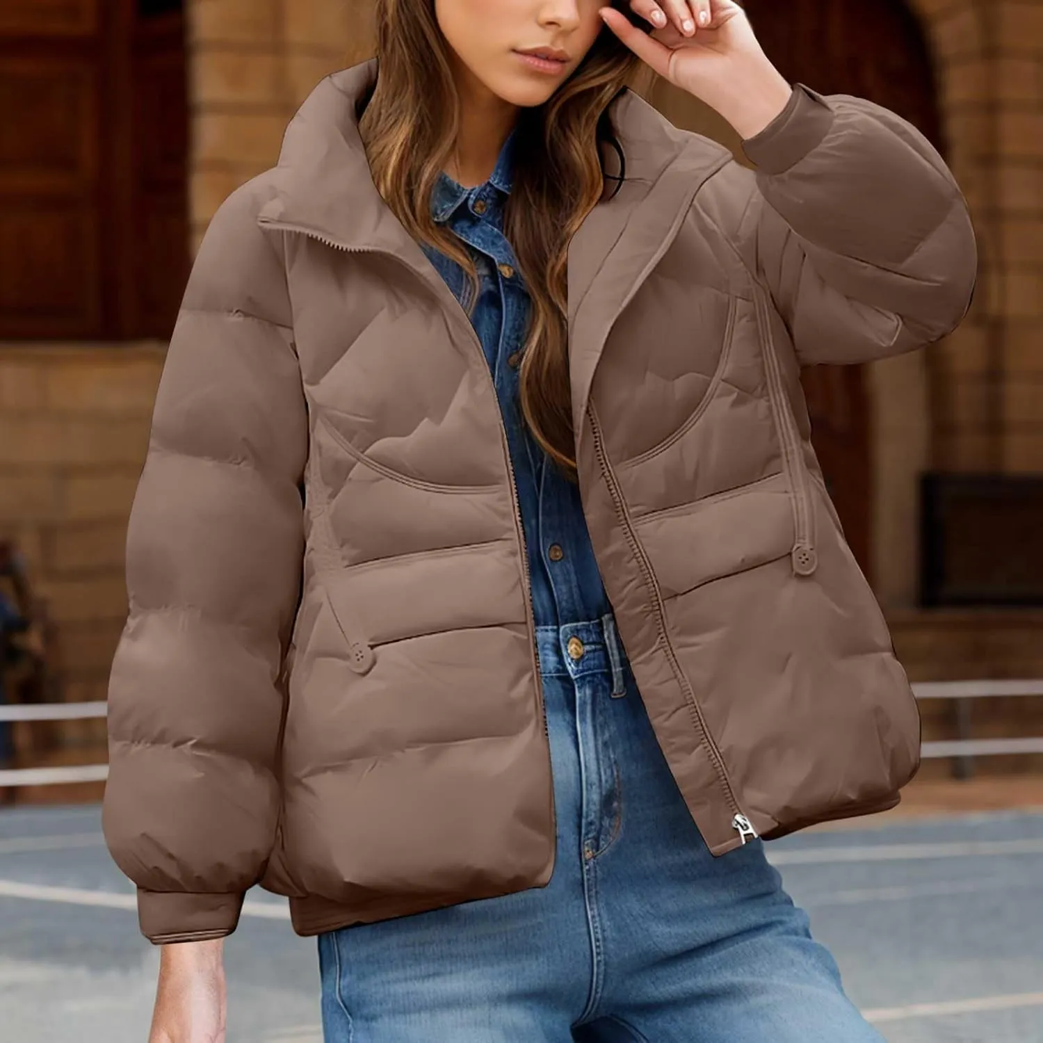 Women's Quilted Lightweight Jackets Fashion Solid Puffer Jackets Coats Winter Warm Down Jackets Puffy Bubble Outerwear