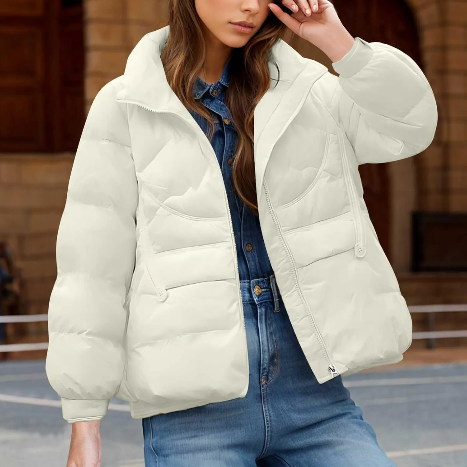 Women's Quilted Lightweight Jackets Fashion Solid Puffer Jackets Coats Winter Warm Down Jackets Puffy Bubble Outerwear