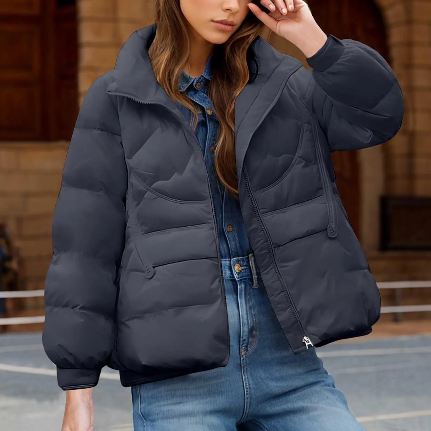 Women's Quilted Lightweight Jackets Fashion Solid Puffer Jackets Coats Winter Warm Down Jackets Puffy Bubble Outerwear