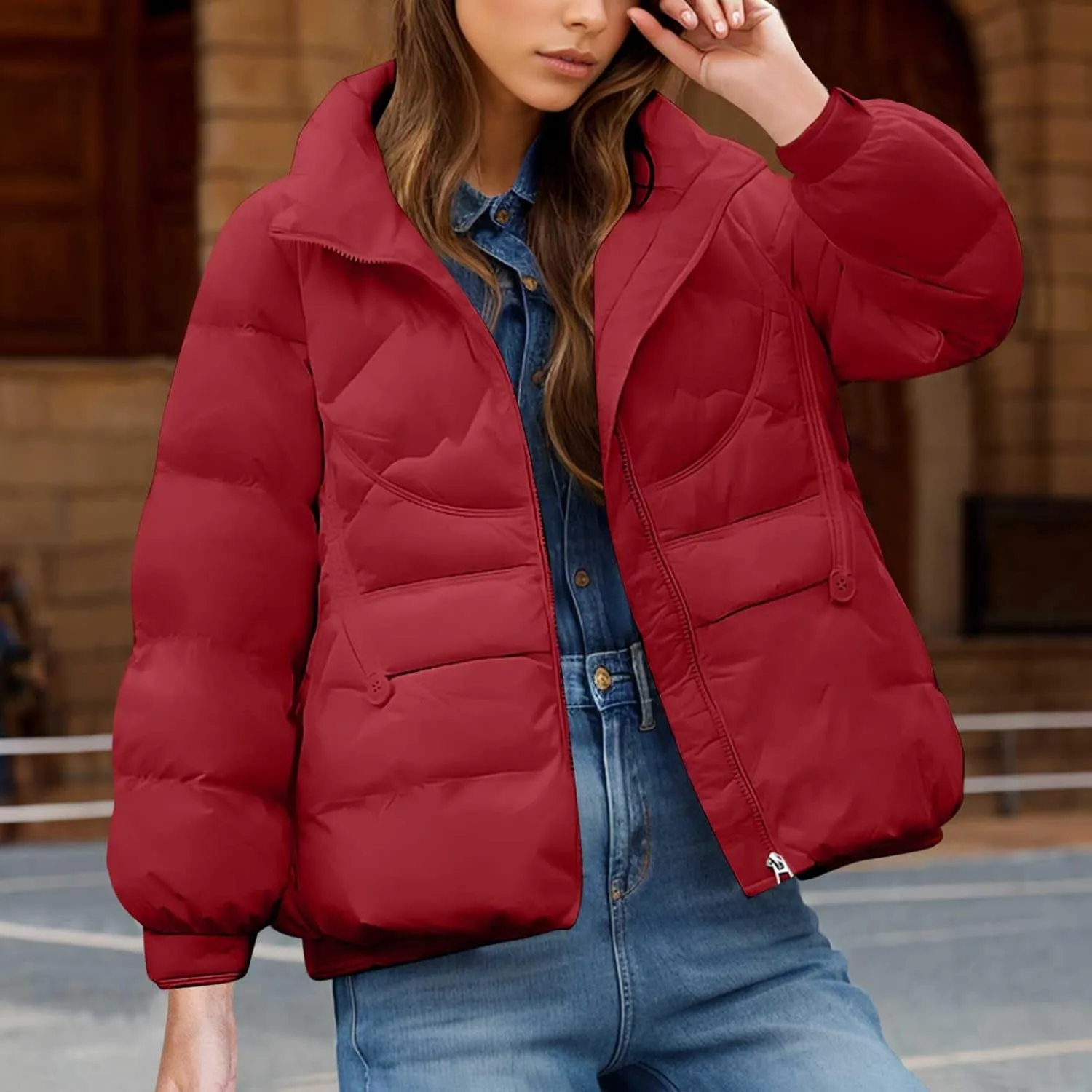 Women's Quilted Lightweight Jackets Fashion Solid Puffer Jackets Coats Winter Warm Down Jackets Puffy Bubble Outerwear