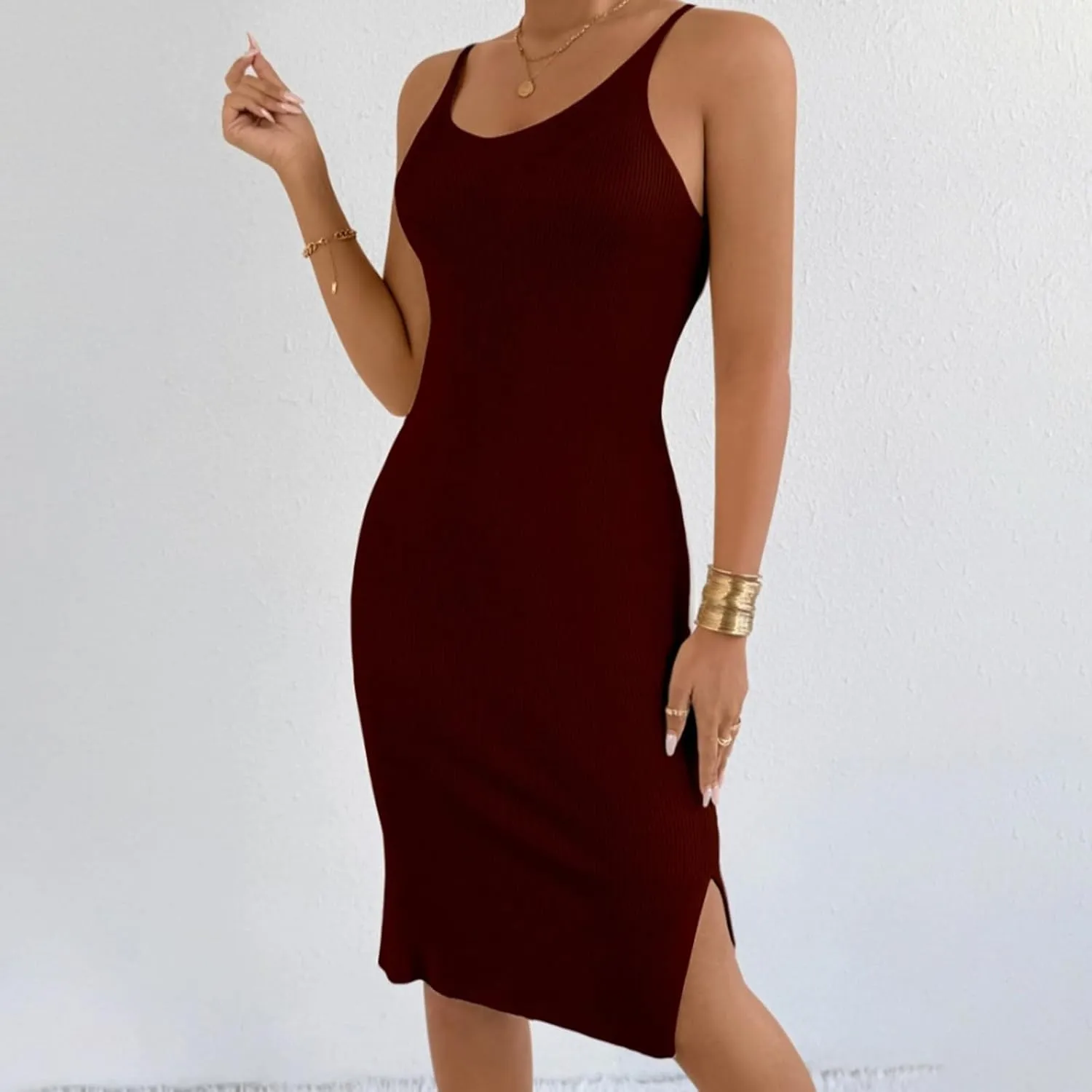 Women's Ribbed Knit Sleeveless V Neck Tank Dress Casual Stretchy Slim Fit Bodycon Midi Shift Dresses with Slit Hem