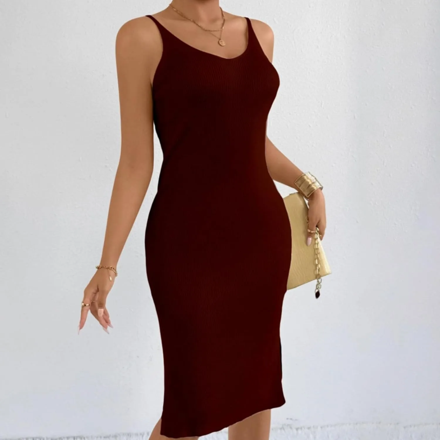 Women's Ribbed Knit Sleeveless V Neck Tank Dress Casual Stretchy Slim Fit Bodycon Midi Shift Dresses with Slit Hem