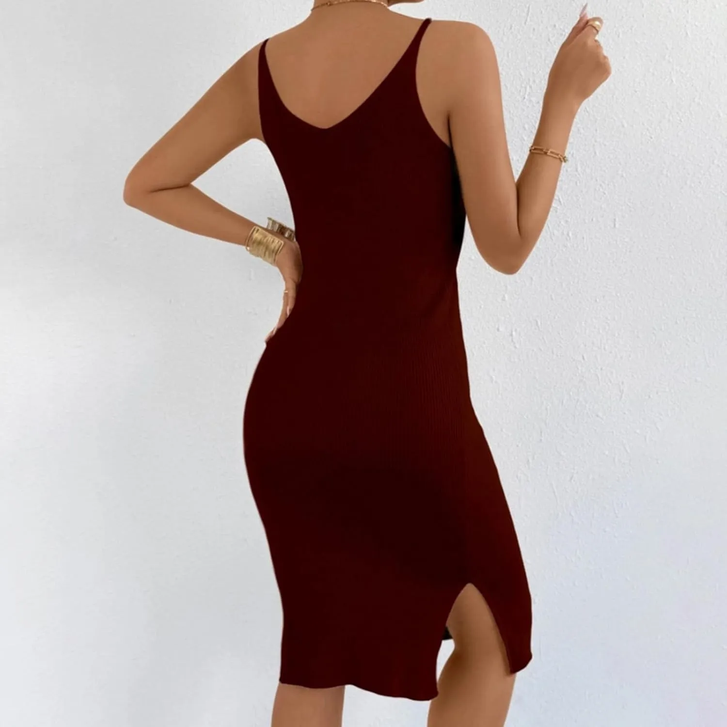 Women's Ribbed Knit Sleeveless V Neck Tank Dress Casual Stretchy Slim Fit Bodycon Midi Shift Dresses with Slit Hem