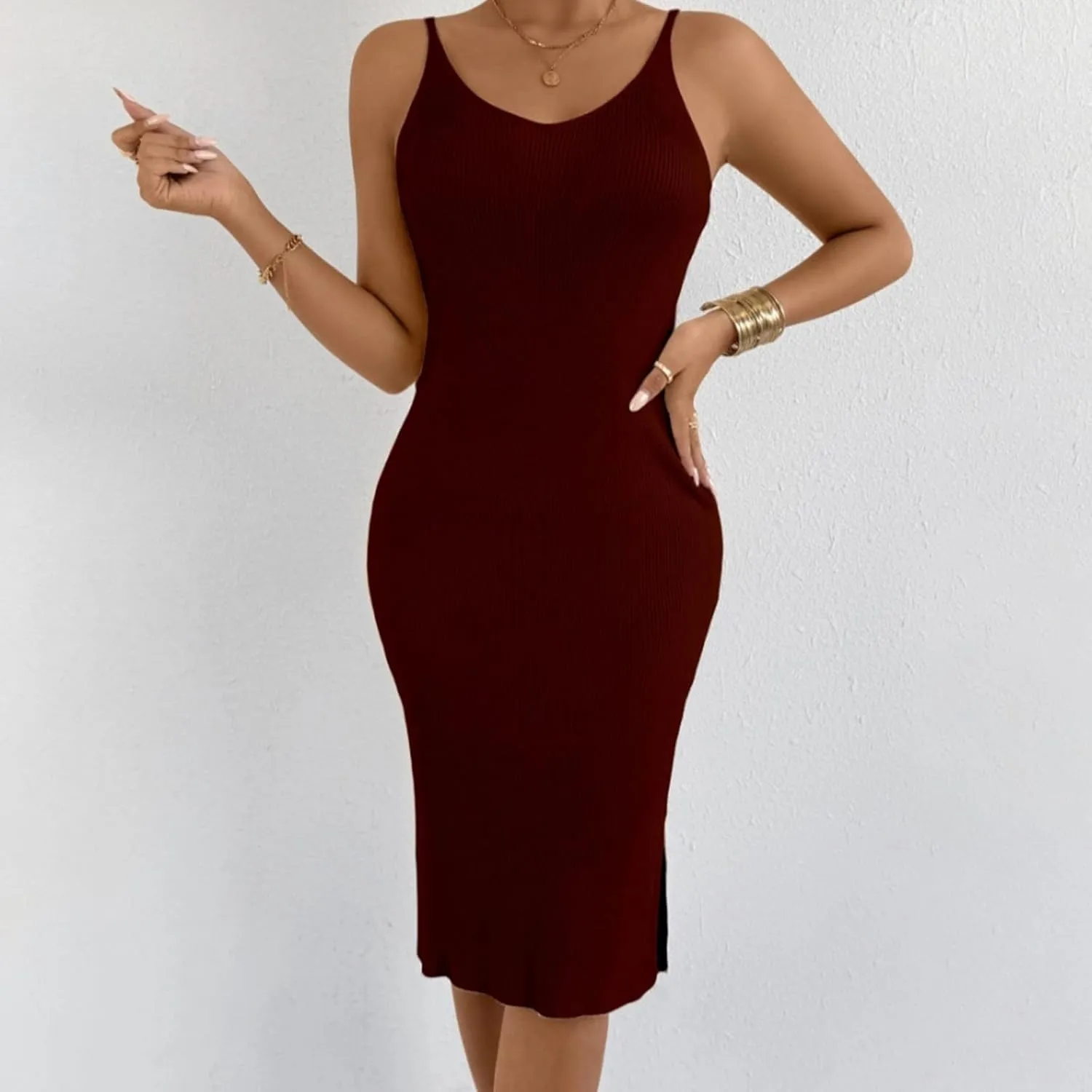 Women's Ribbed Knit Sleeveless V Neck Tank Dress Casual Stretchy Slim Fit Bodycon Midi Shift Dresses with Slit Hem