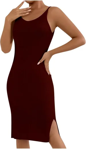 Women's Ribbed Knit Sleeveless V Neck Tank Dress Casual Stretchy Slim Fit Bodycon Midi Shift Dresses with Slit Hem