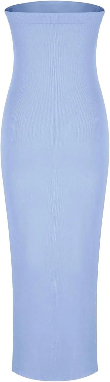 Women's Ribbed Knit Strapless Tube Top Long Dress Side Slit Hem Sleeveless Bodycon Maxi Dresses Summer Fashion Clothes