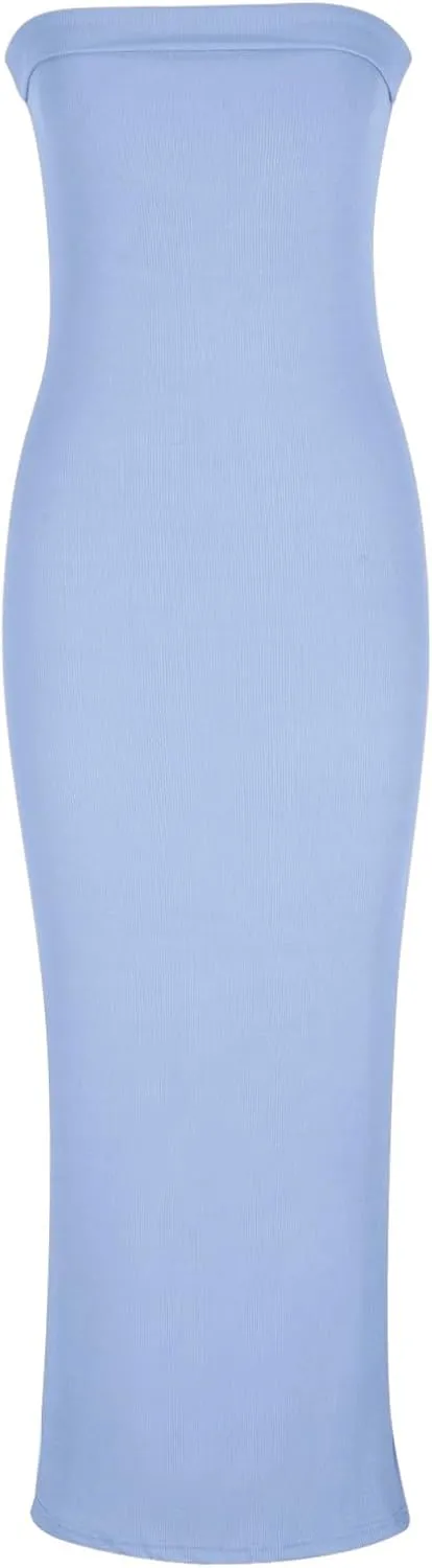 Women's Ribbed Knit Strapless Tube Top Long Dress Side Slit Hem Sleeveless Bodycon Maxi Dresses Summer Fashion Clothes
