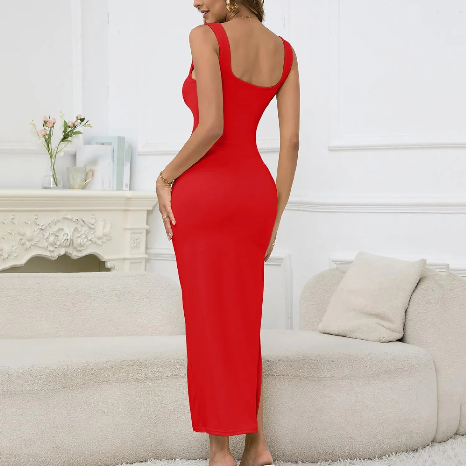 Womens Sexy Sleeveless Cutout Front Maxi Long Dress Square Neck Side Twist Knot High Slit Bodycon Cocktail Party Dresses