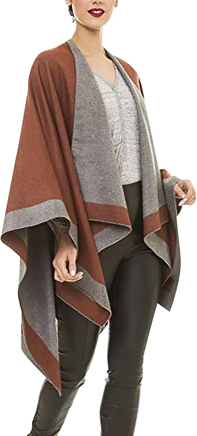 Women's Shawl Wrap Poncho Elegant Color Block Fall Cape Cardigan Sweater Winter Open Front Windproof Shawl Scarf