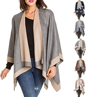 Women's Shawl Wrap Poncho Elegant Color Block Fall Cape Cardigan Sweater Winter Open Front Windproof Shawl Scarf