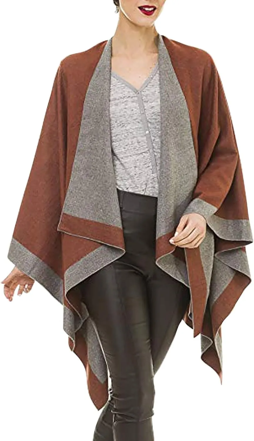 Women's Shawl Wrap Poncho Elegant Color Block Fall Cape Cardigan Sweater Winter Open Front Windproof Shawl Scarf