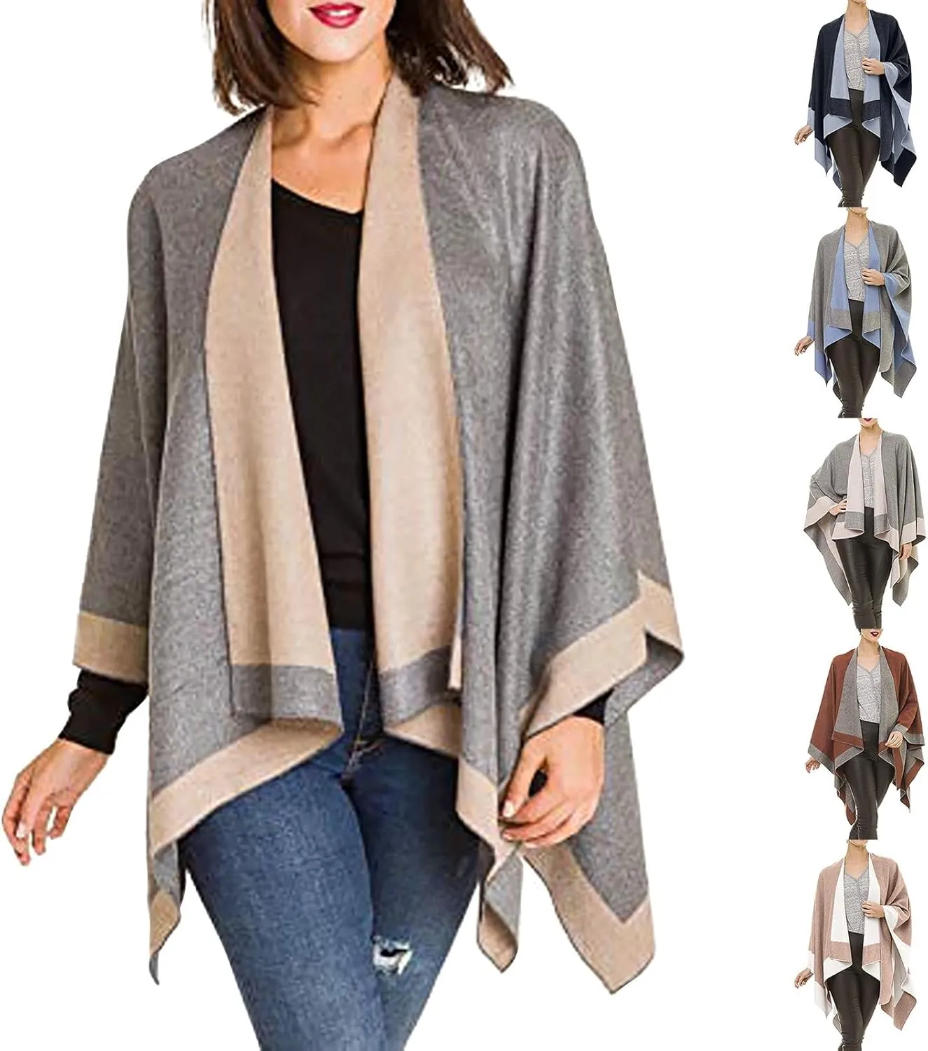 Women's Shawl Wrap Poncho Elegant Color Block Fall Cape Cardigan Sweater Winter Open Front Windproof Shawl Scarf