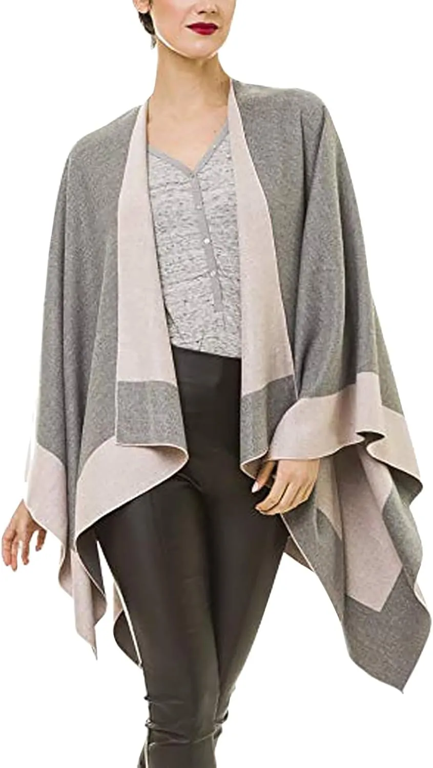 Women's Shawl Wrap Poncho Elegant Color Block Fall Cape Cardigan Sweater Winter Open Front Windproof Shawl Scarf