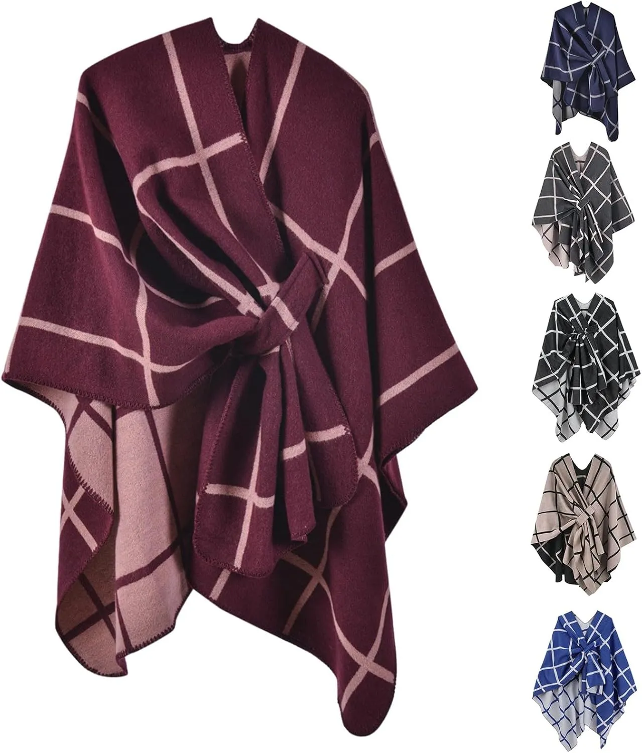 Women's Shawl Wrap Poncho Large Cross Front Open Front Cardigan Shawls Plaid Wool Elegant Shawls Cape for Fall Winter
