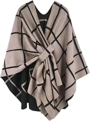 Women's Shawl Wrap Poncho Large Cross Front Open Front Cardigan Shawls Plaid Wool Elegant Shawls Cape for Fall Winter