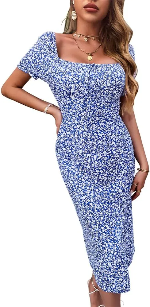 Women's Short Sleeve Summer Midi Dress, Square Neck Tie Side Split Floral Printed Bodycon High Waist Party Dresses