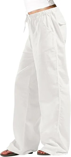 Women's Solid Color Loose Comfort and Drawstring Elastic Waist Pocket Straight Leg Trousers Casual Pants