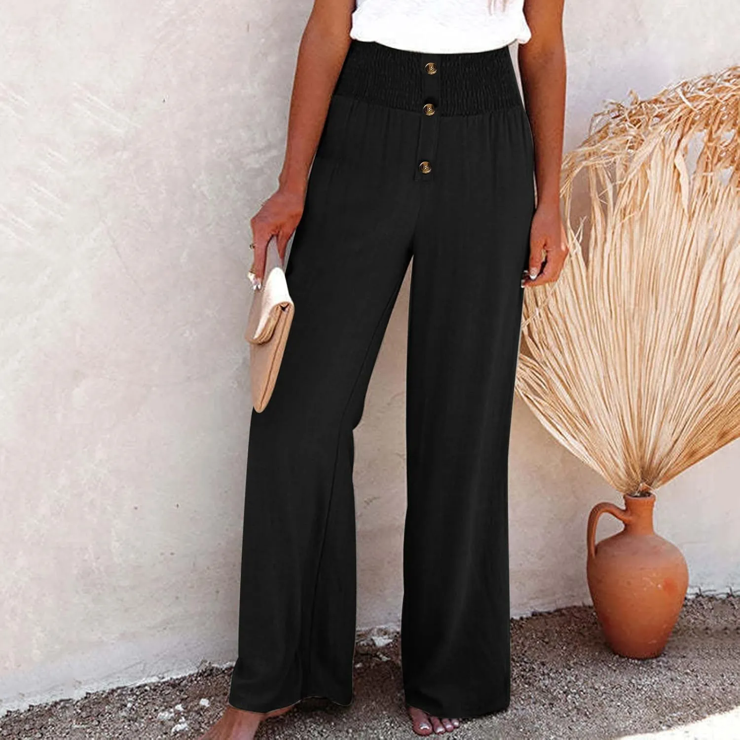 Women's Straight Leg Pants Winter Baggy Travel Slacks with Pockets Barrel Pants Elastic Waist