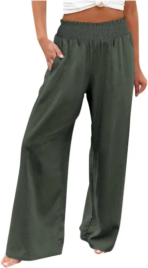 Women's Straight Leg Pants Winter Baggy Travel Slacks with Pockets Barrel Pants Elastic Waist