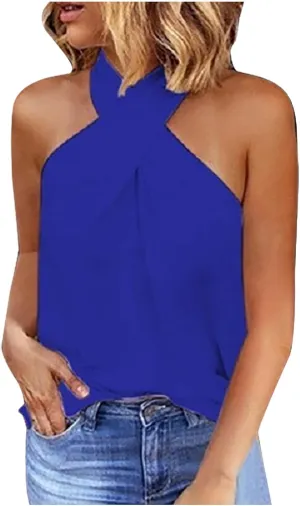 Womens Summer Halter Tank Tops Sleeveless Criss Cross Zipper Basic Top Beach Vacation Off Shoulder Outfit