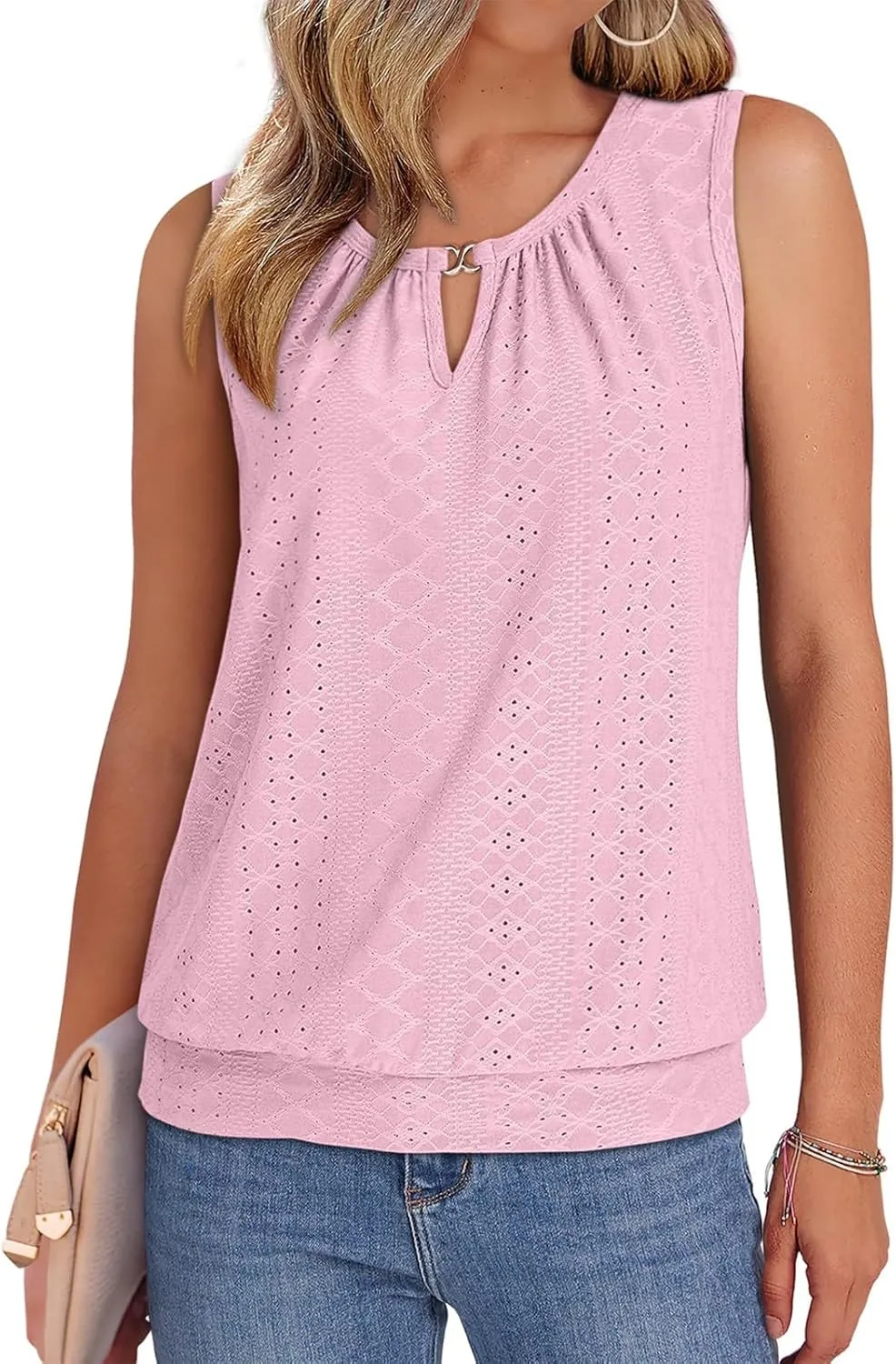 Womens Tank Tops Keyhole V Neck Tank Tops Summer Tops for Women 2025 Eyelet Embroidered Loose Fit