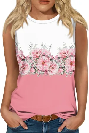 Womens Tank Tops Round Neck Printed Shirts 2025 Summer Casual Loose Fit Sleeveless Cute Basic Tanks Tee for Women