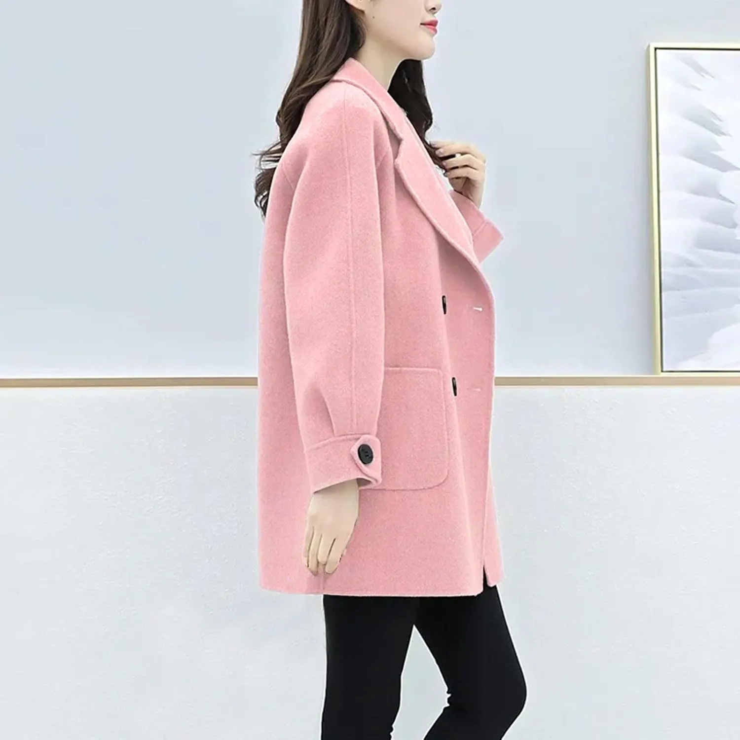 Womens Winter Coats Notch Lapel Wool Blend Mid Long Pea Coats Casual Single Breasted Overcoat Business Trench Coats