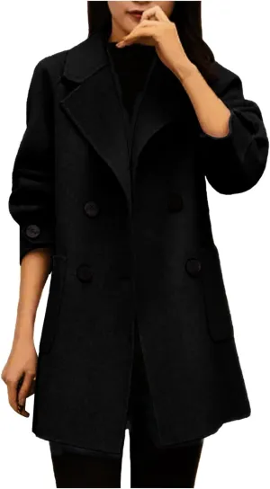 Womens Winter Coats Notch Lapel Wool Blend Mid Long Pea Coats Casual Single Breasted Overcoat Business Trench Coats