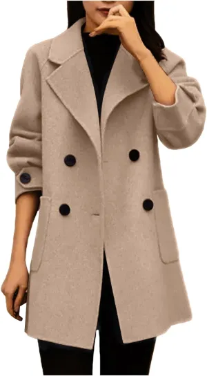 Womens Winter Coats Notch Lapel Wool Blend Mid Long Pea Coats Casual Single Breasted Overcoat Business Trench Coats