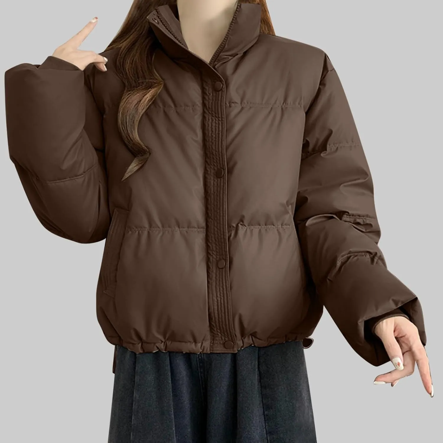 Women's Winter Jackets Long Sleeve Zip Puffer Jacket Solid Color Stand Collar Baggy Short Down Coats with Pockets